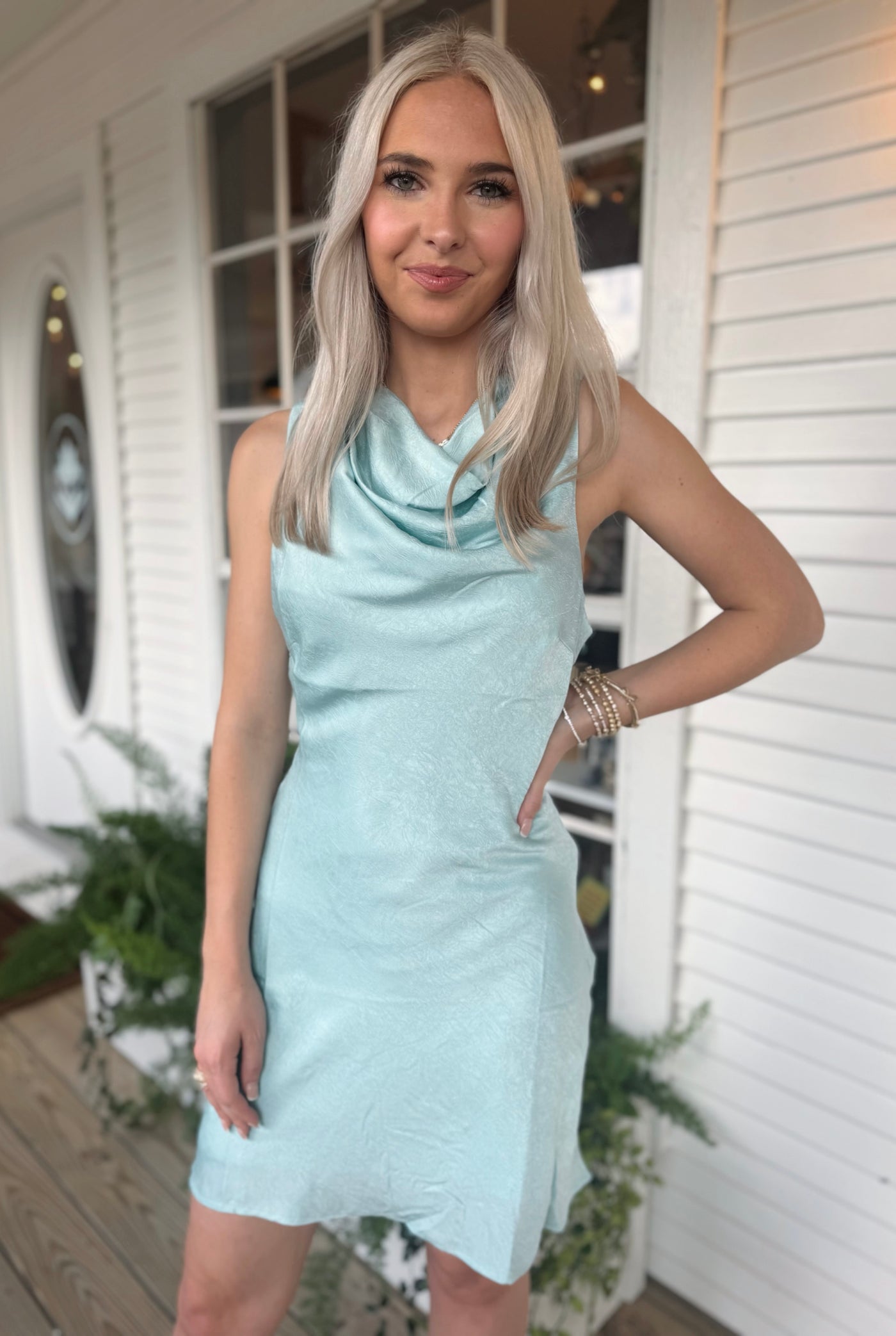 Satin Cowl Neck Mini Dress