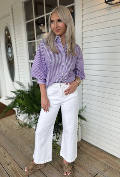 Purple Striped Balloon Sleeve Top