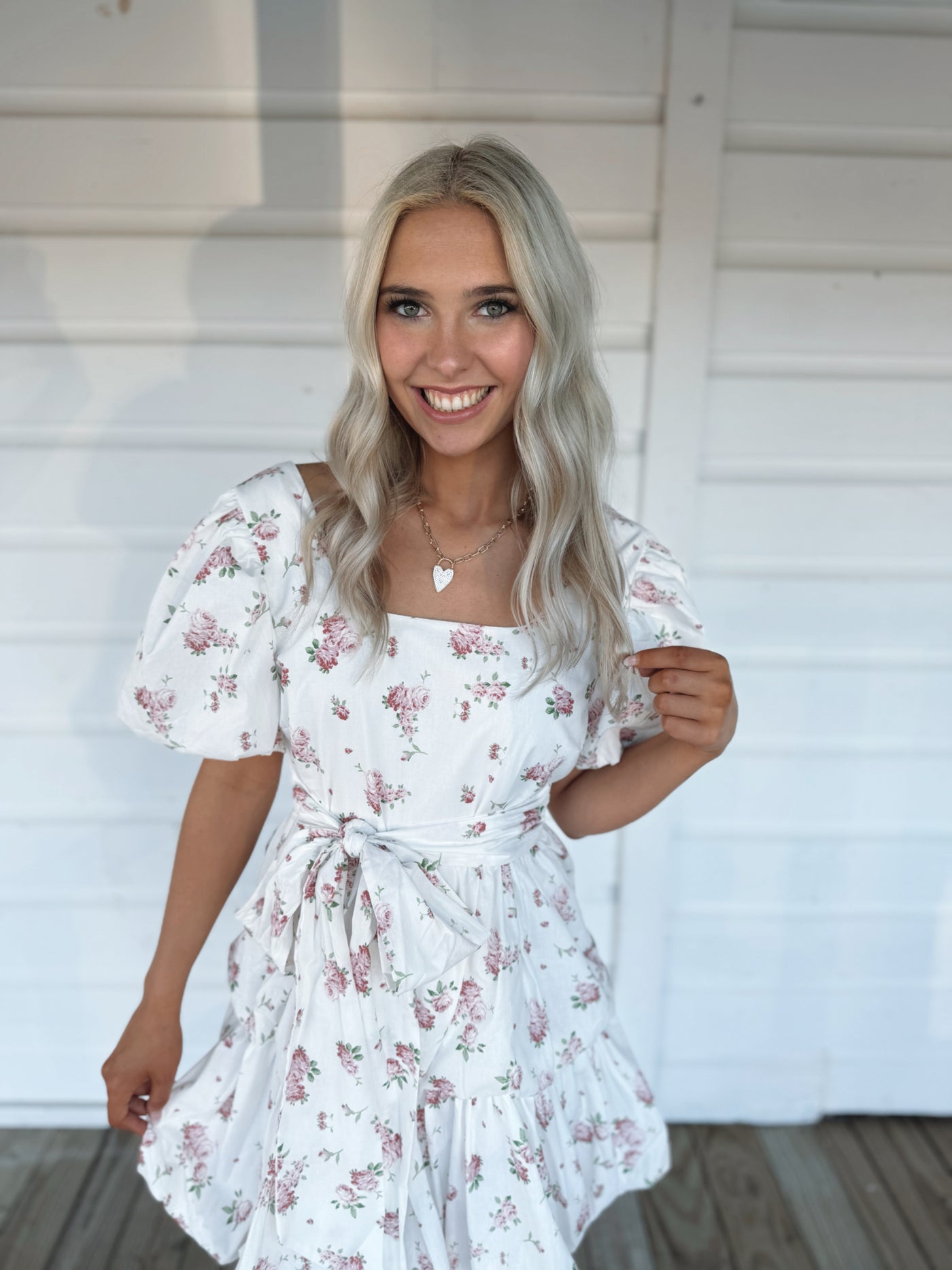 White Floral Puff Sleeve Dress