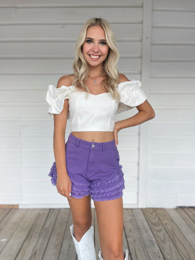 Purple Ruffle Denim Shorts