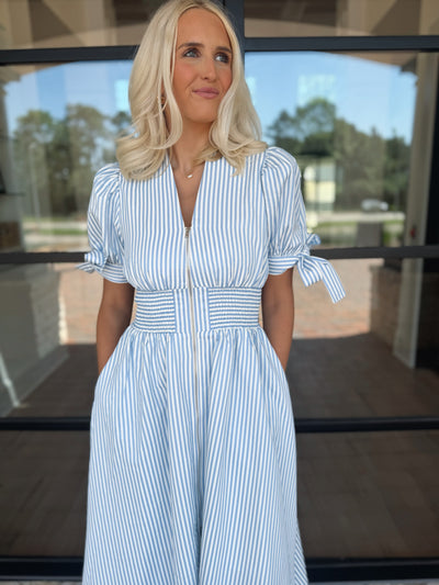 Blue Pin Striped Midi Dress