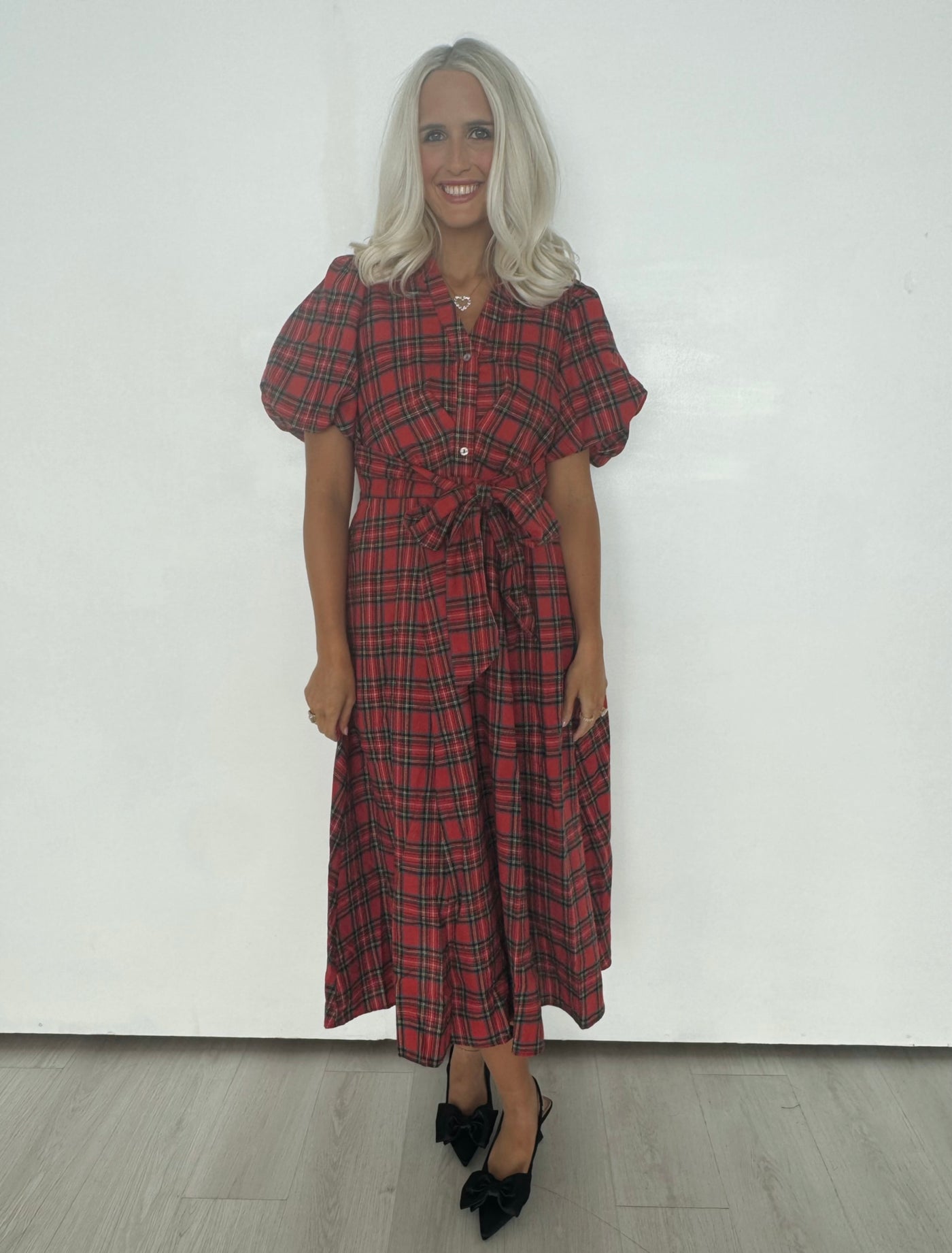 Red Plaid Tie Maxi Dress