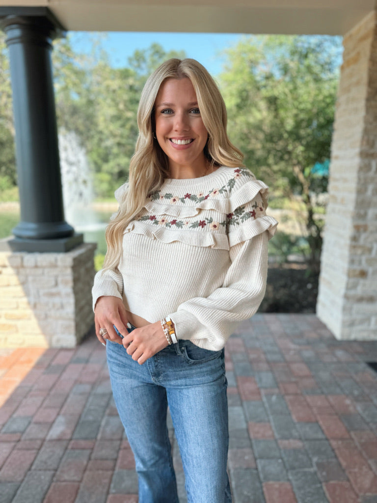 Floral Embroidered Ruffle Sweater