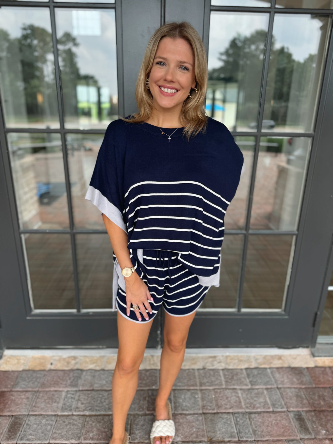 Navy Blue White Striped Top