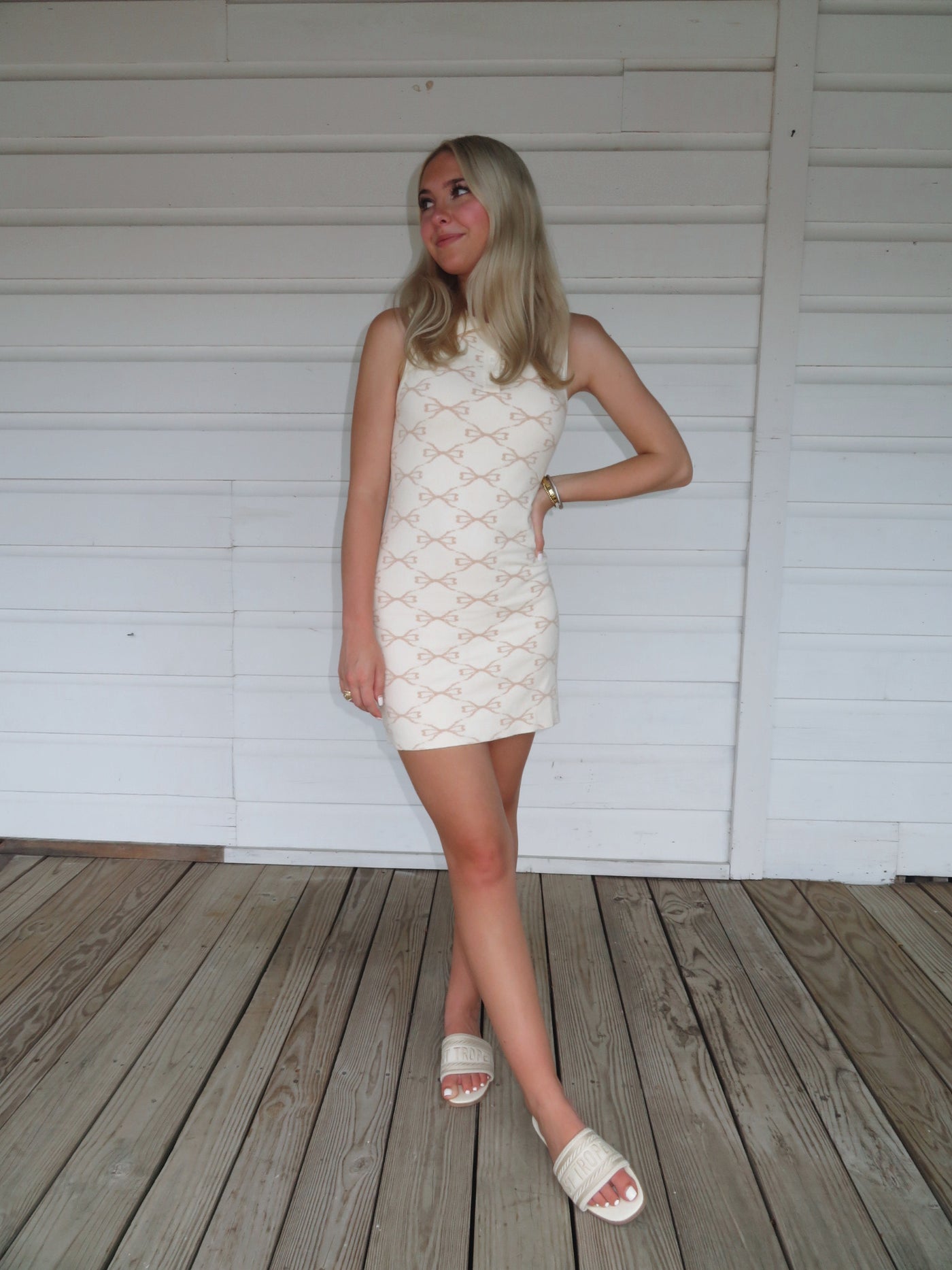 Bow Beige & White Sweater Mini Dress