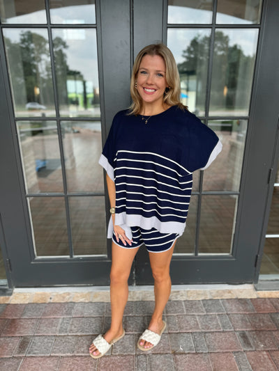 Navy Blue White Striped Top