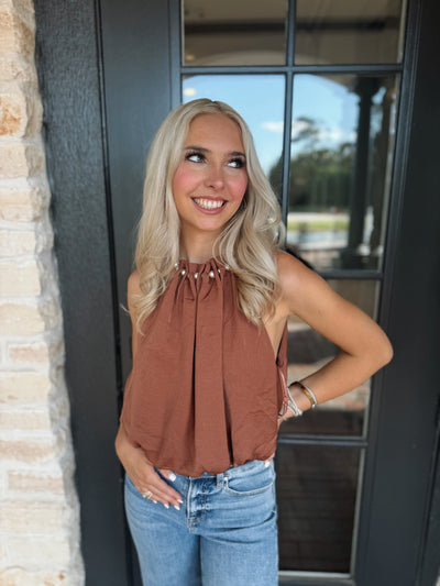 Brown Pearl Neck Detail Top