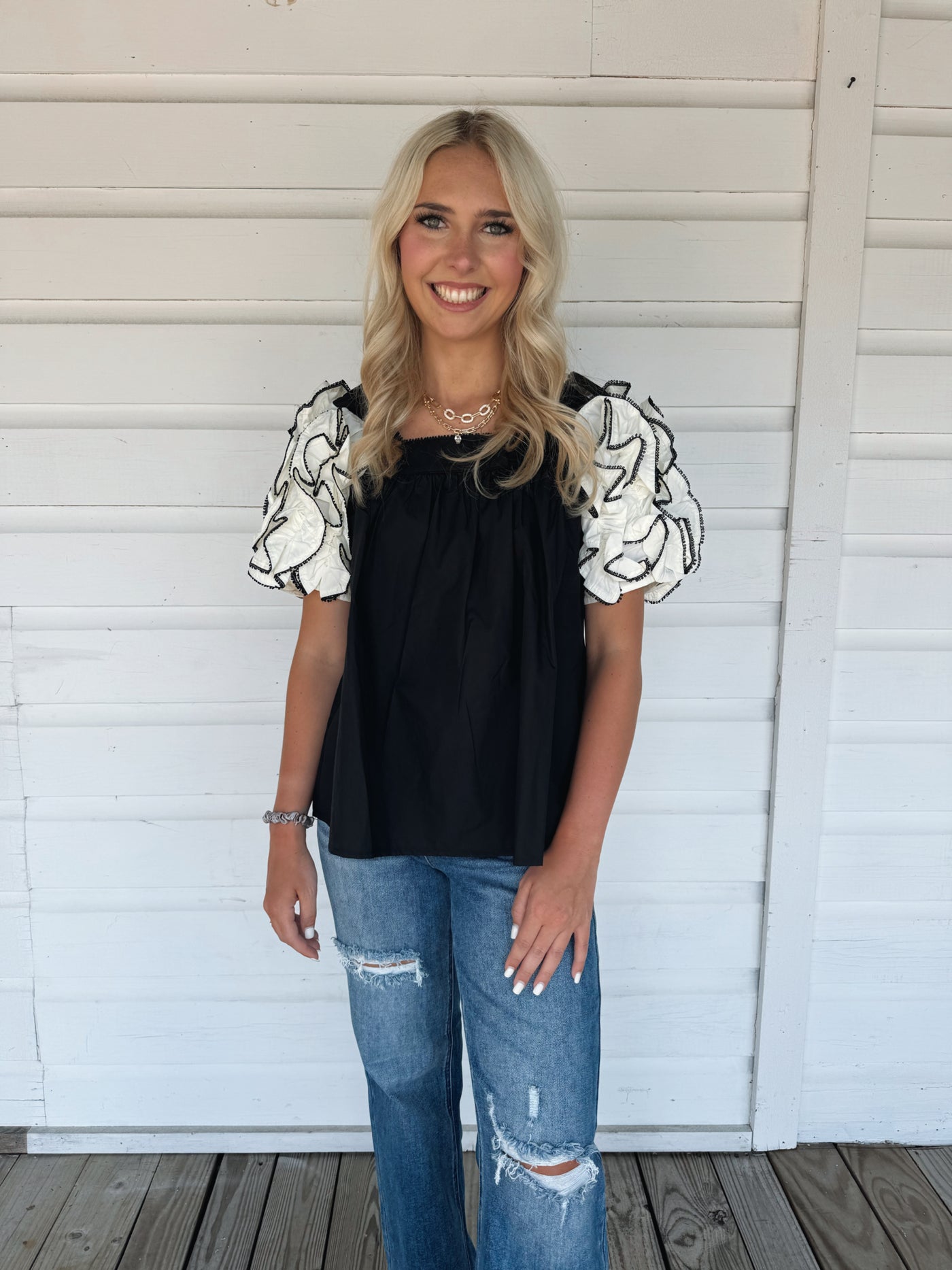 Black Ruffle Sleeve Top