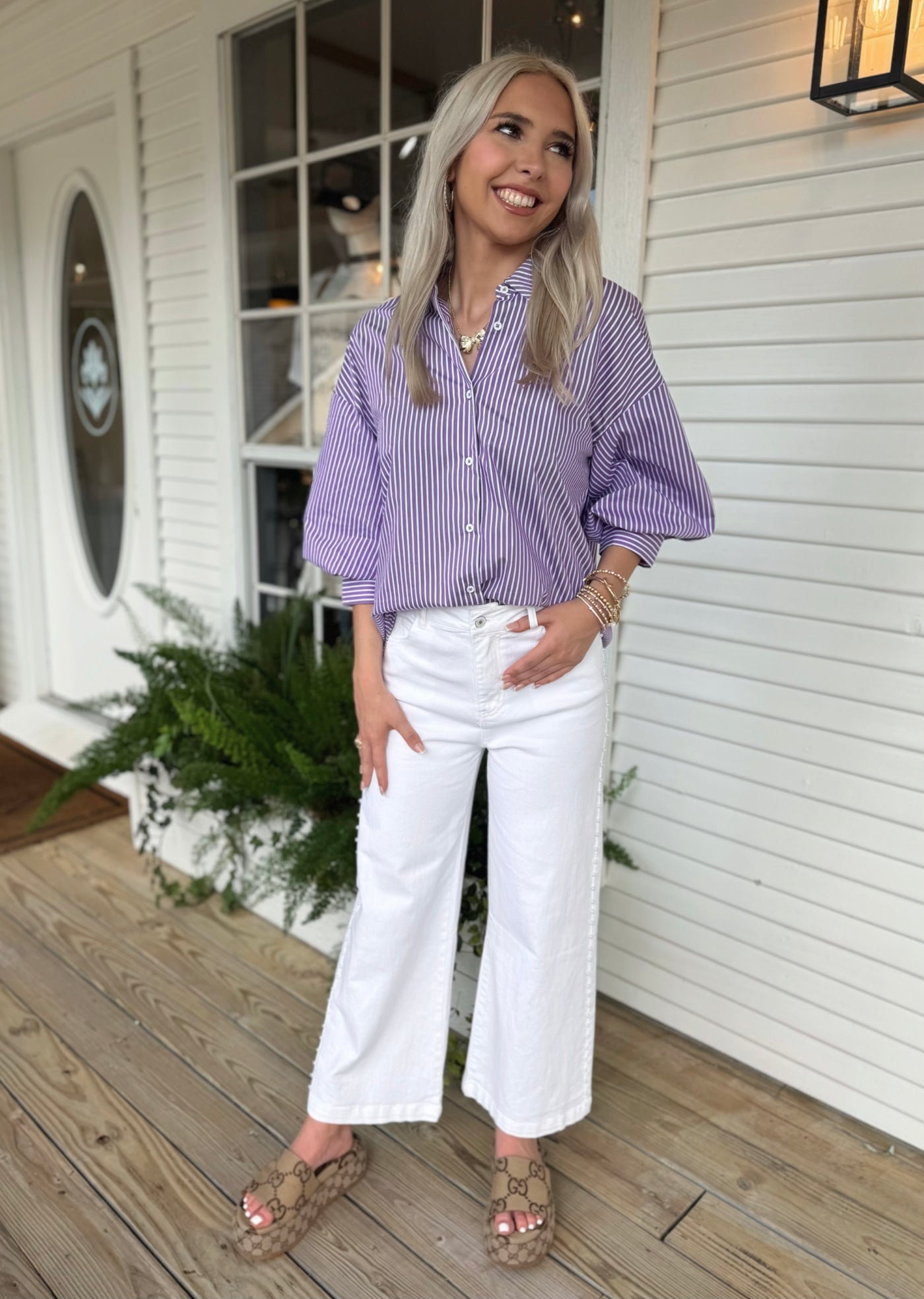 Purple Striped Balloon Sleeve Top