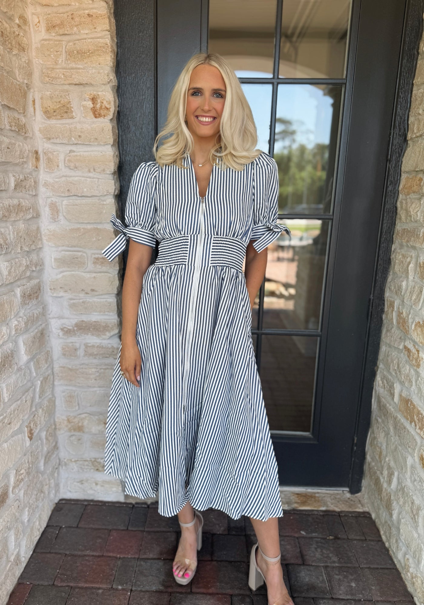 Navy Pin Striped Midi Dress