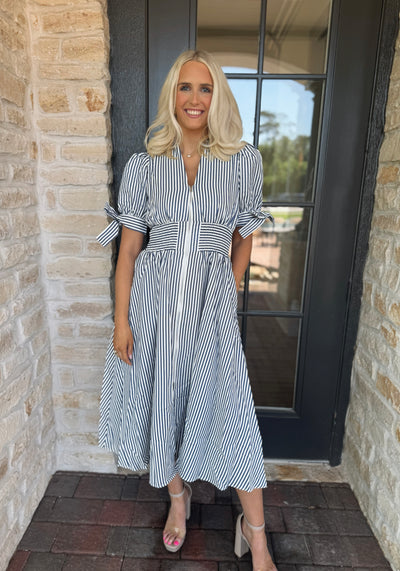 Navy Pin Striped Midi Dress