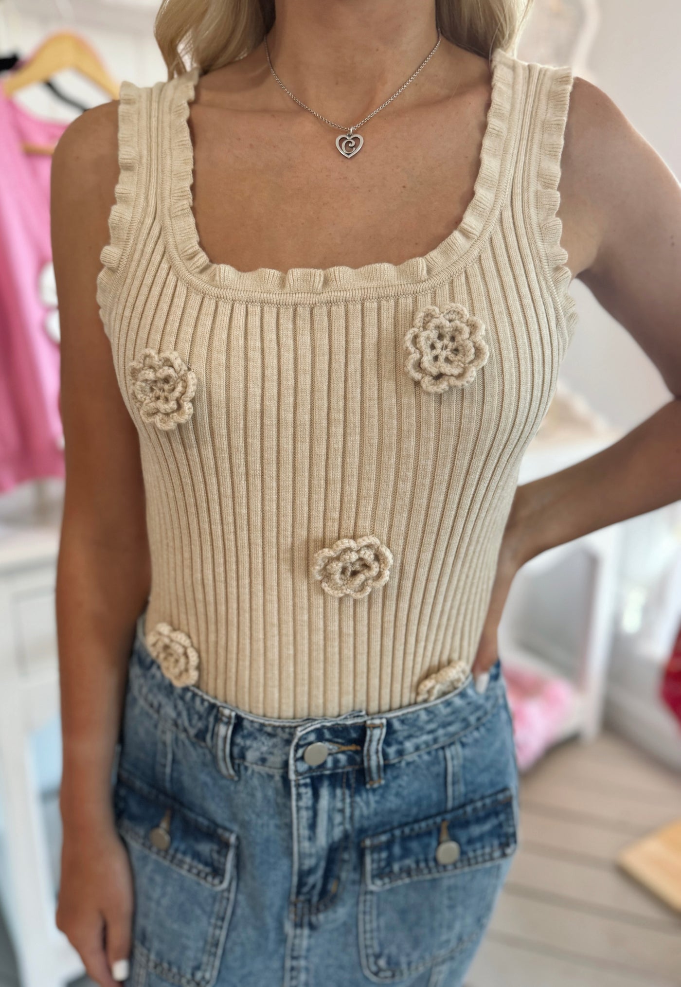 Oatmeal Flower Sweater Tank Top