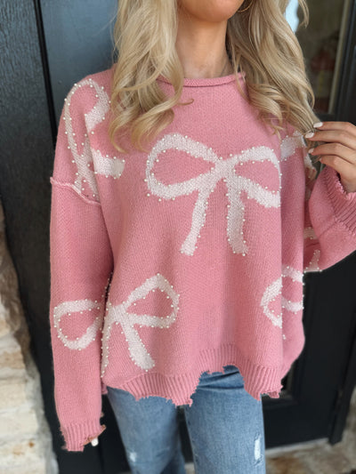 Dusty Pink Pearl Bow Sweater