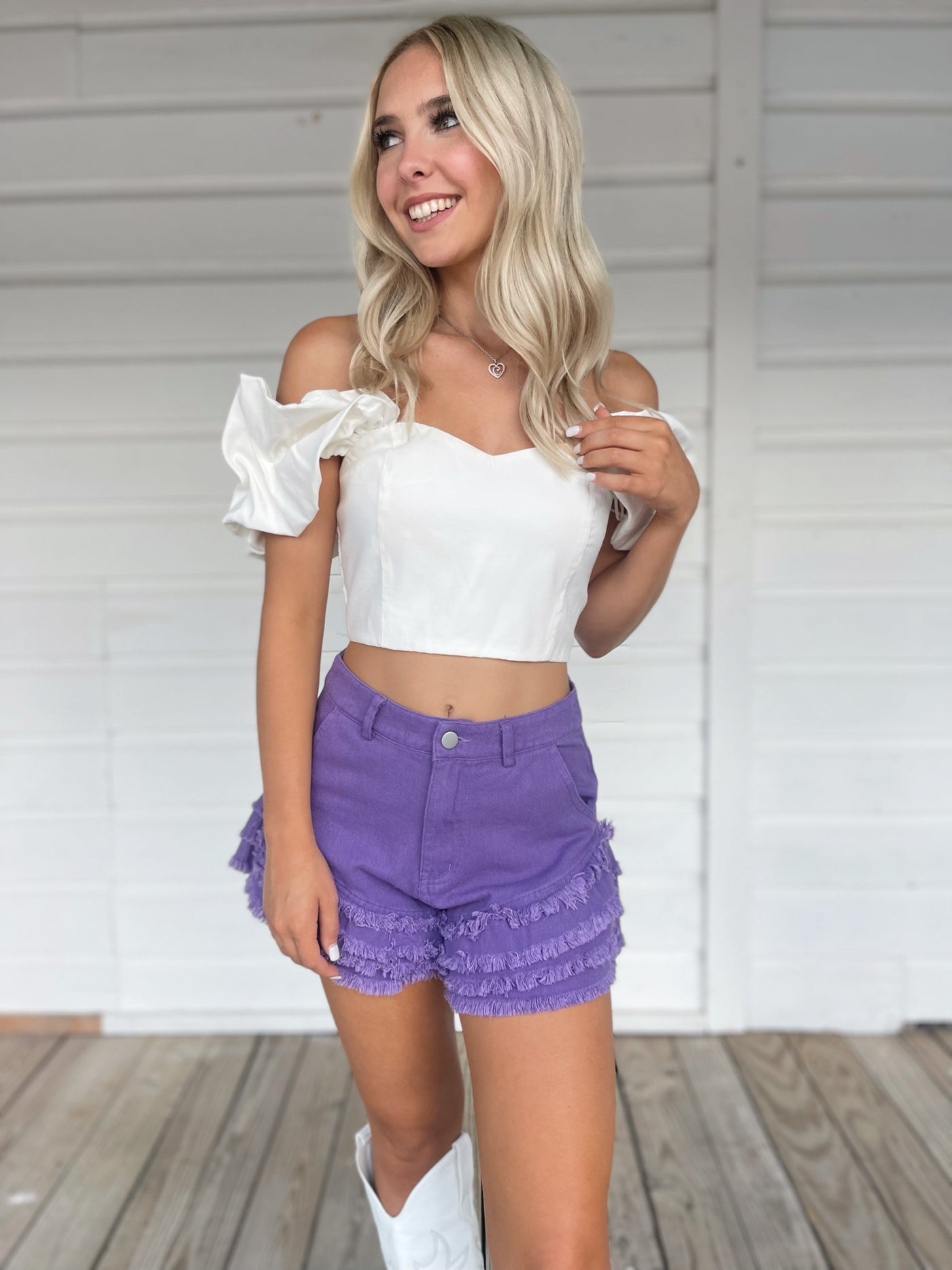 Purple Ruffle Denim Shorts