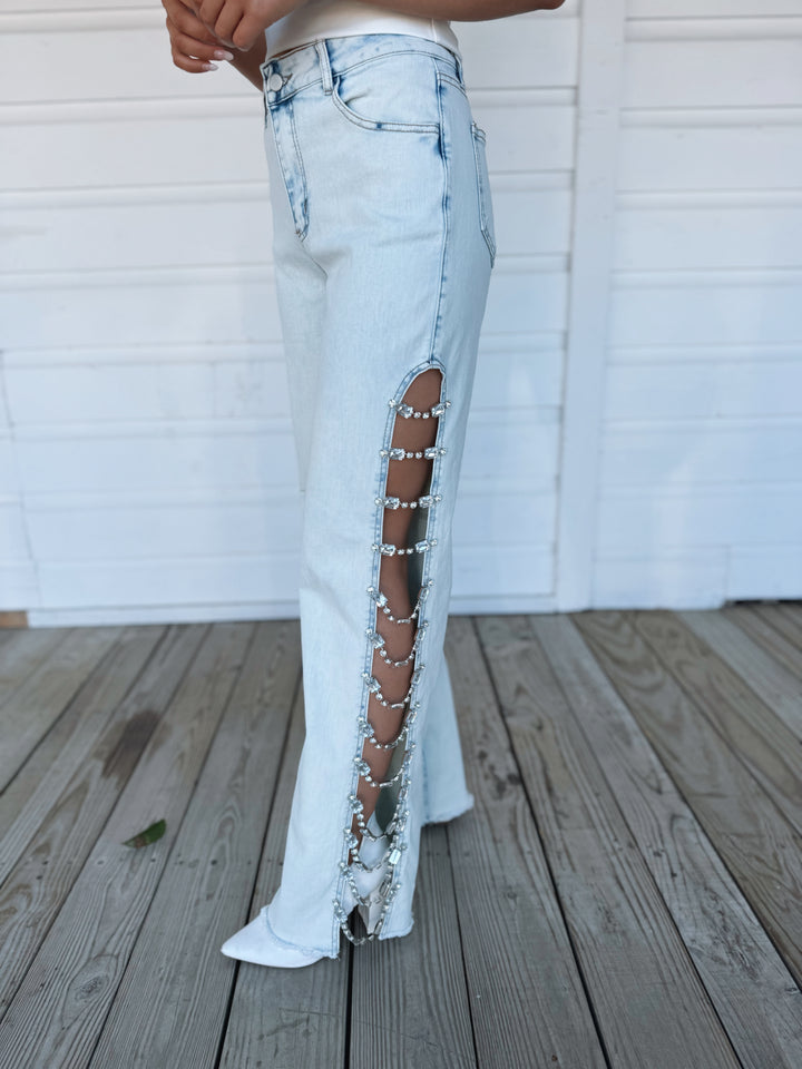 Ladies Jeans Cut Up Jeans With Chains Chain Jeans With Side