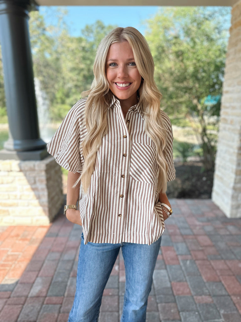 Striped Bubble Sleeve Button Up - Brown