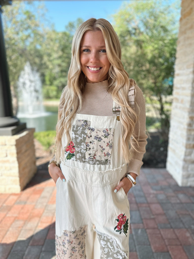 Almond Floral Patchwork Overalls