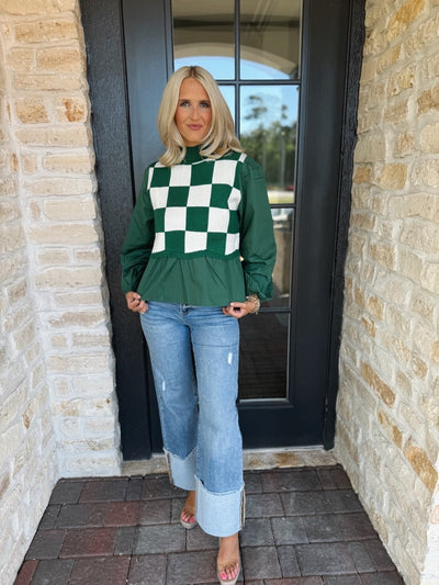 Square Pattern Green Poplin Top