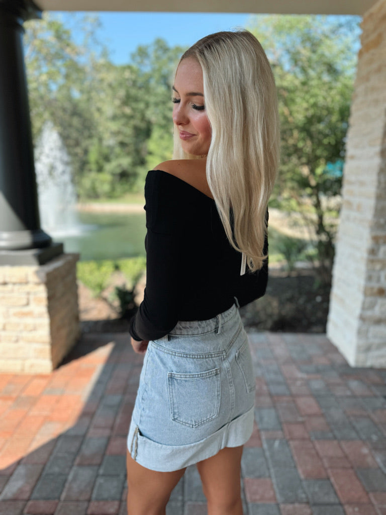 High Waisted Cuffed Denim Mini Skirt