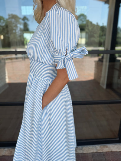 Blue Pin Striped Midi Dress