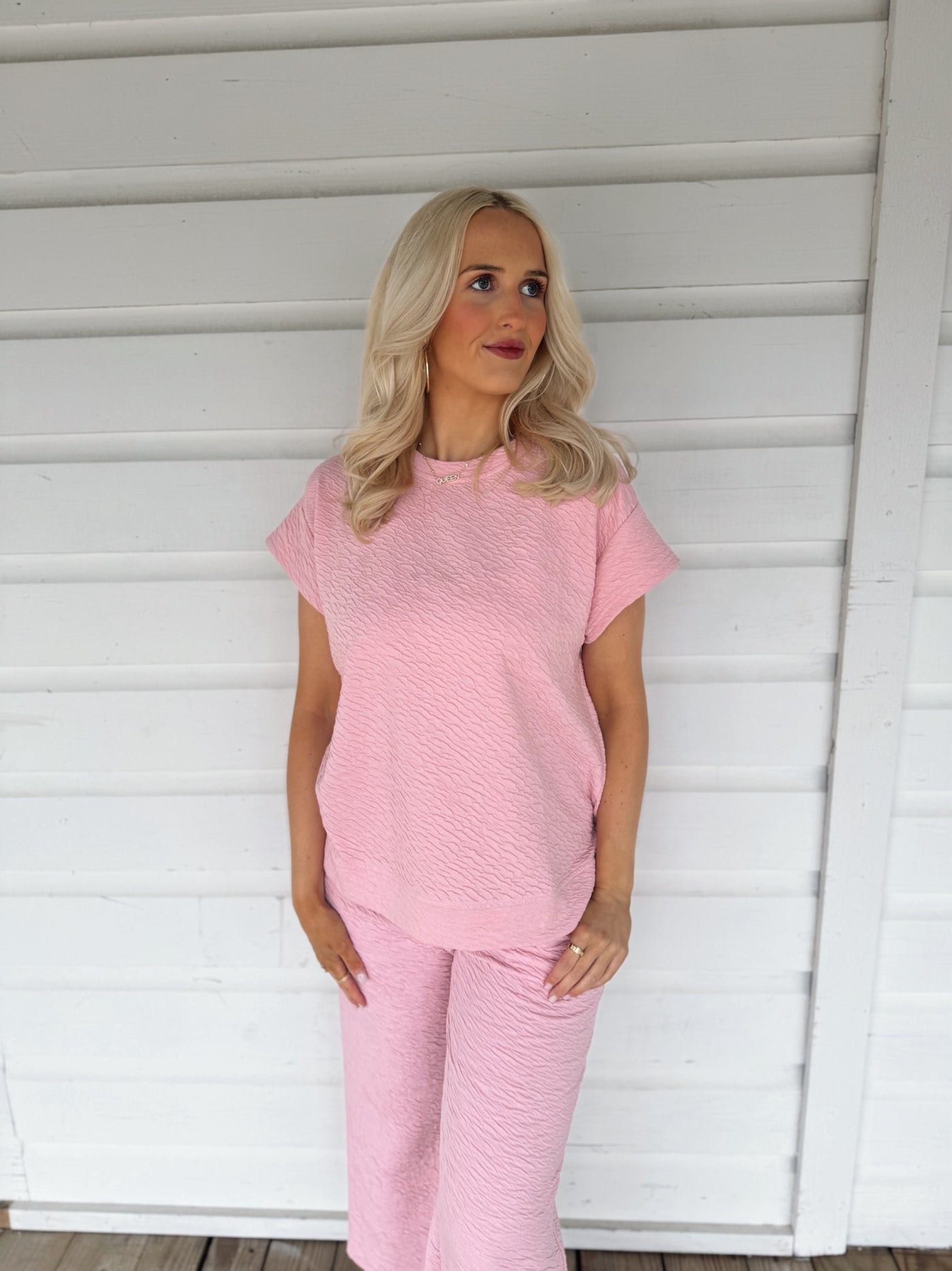 Pink Textured Pants Set