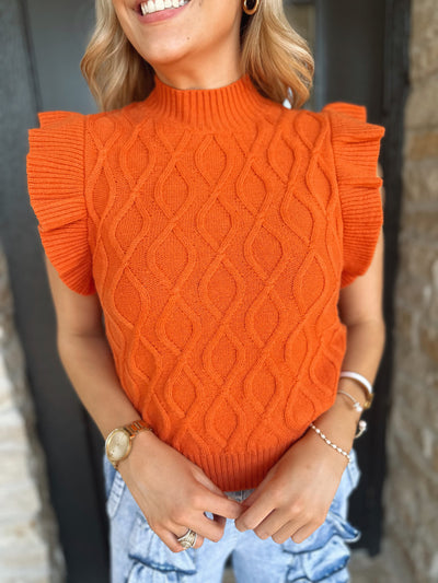 Orange Ruffle Cable Knit Sweater