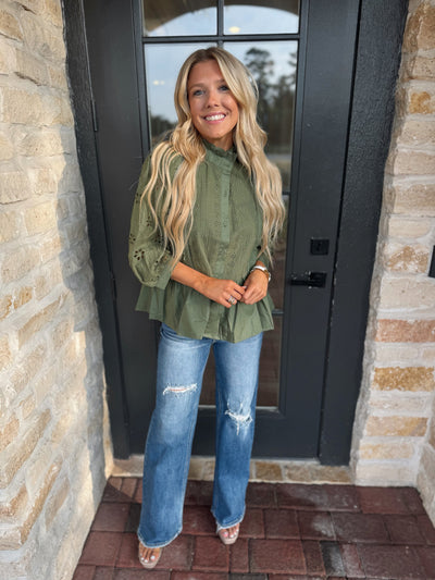 Olive Eyelet Top