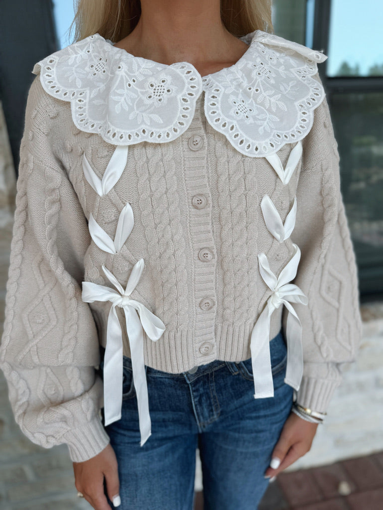 Embroidered Collar Cable Knit Cardigan