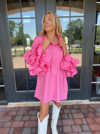Barbie Pink Ruffle Sleeve Button Down Dress