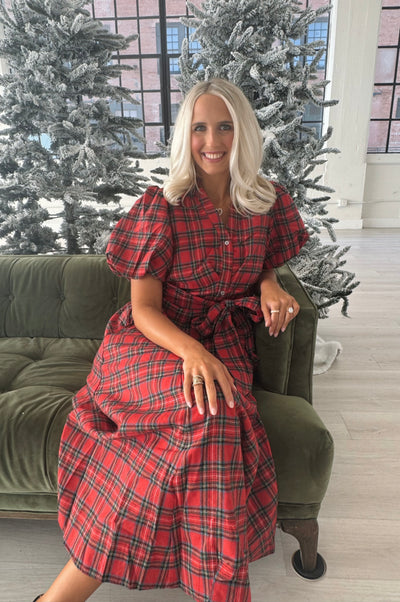 Red Plaid Tie Maxi Dress