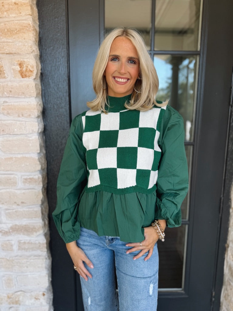 Square Pattern Green Poplin Top