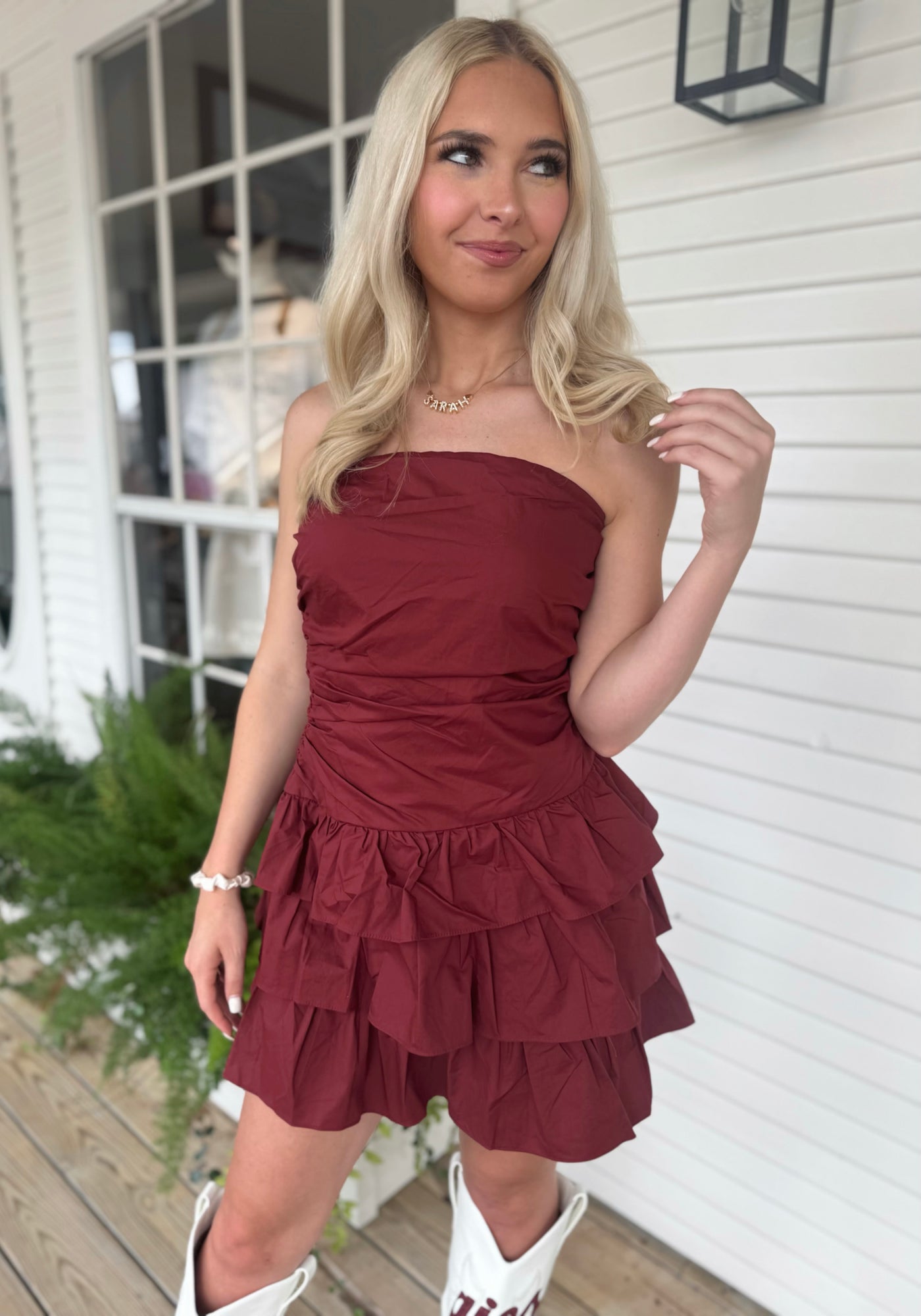 Maroon Ruffle Romper Dress