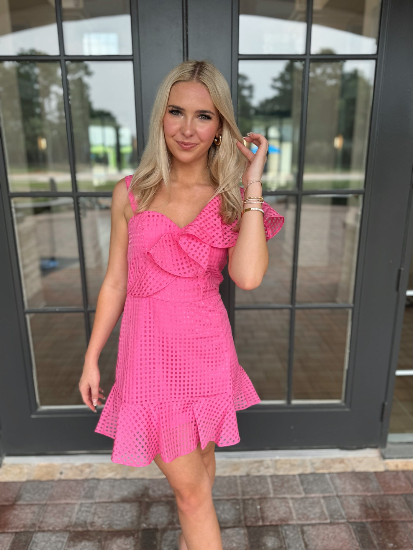 Pink checked ruffle dress