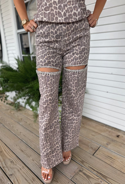 Leopard Rhinestone Cut Out Jeans