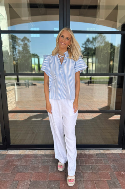 Blue Striped Ruffle Tie Top