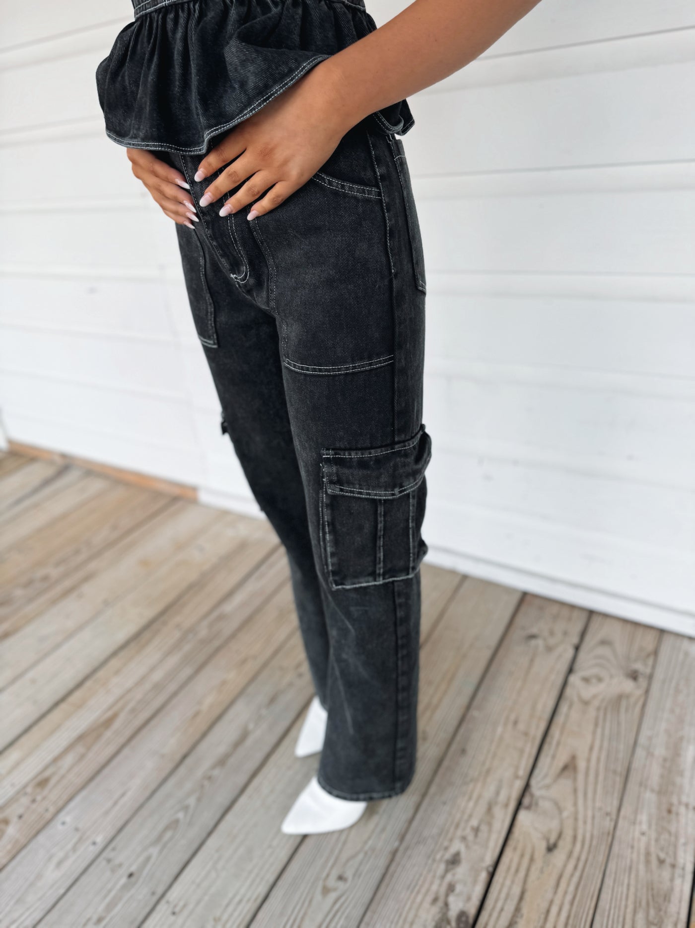 Black Denim Cargo Pants Set