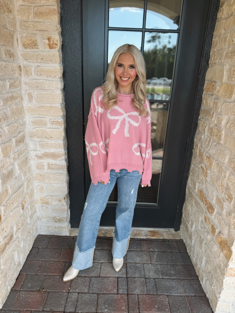 Dusty Pink Pearl Bow Sweater