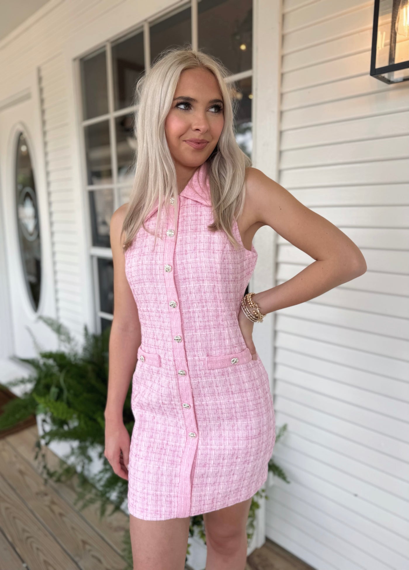 Pink Tweed Collared Dress