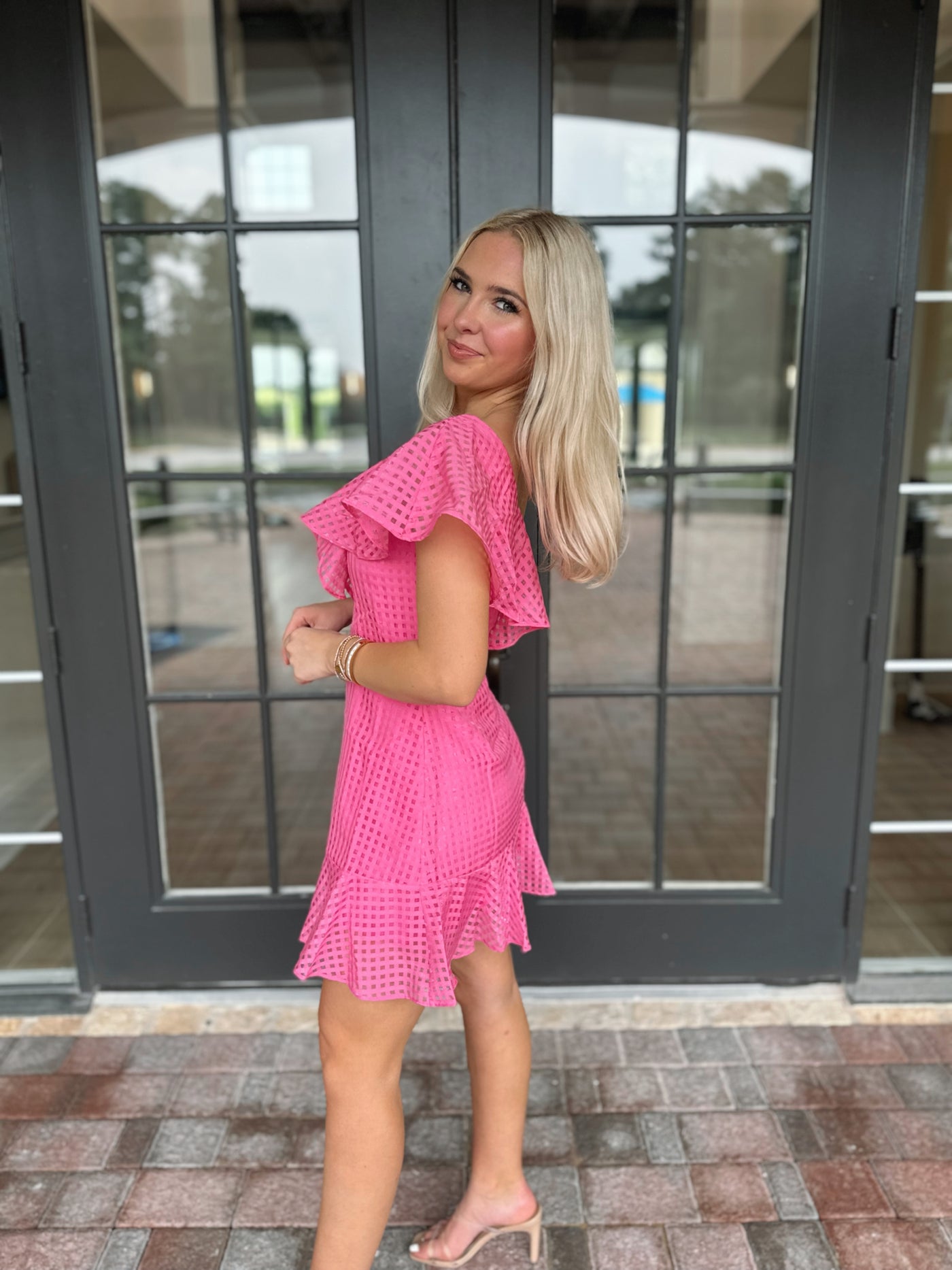 Pink checked ruffle dress