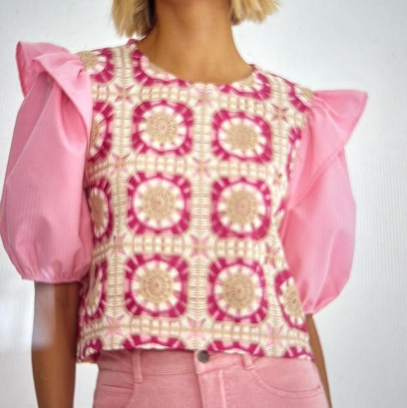 Pink Crochet Ruffle Top