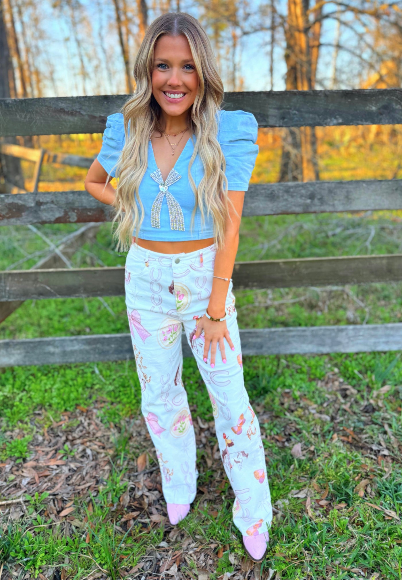 Denim rhinestone top