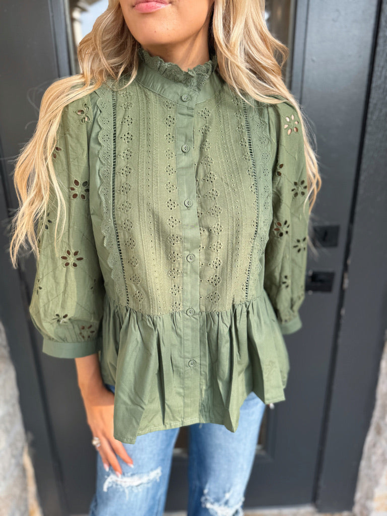 Olive Eyelet Top