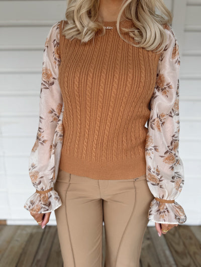 Contrast Flower Sleeve Sweater Top