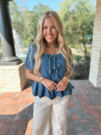 Denim Bow Peplum Top