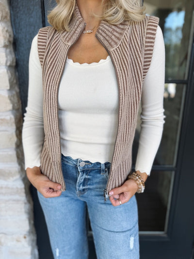 Brown Washed Zip Up Sweater Top