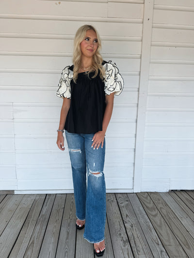 Black Ruffle Sleeve Top