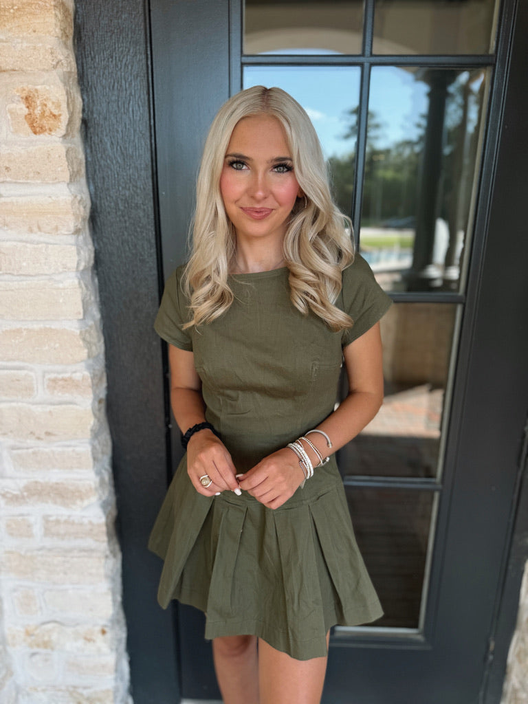 Olive Green Tie Back Denim Dress