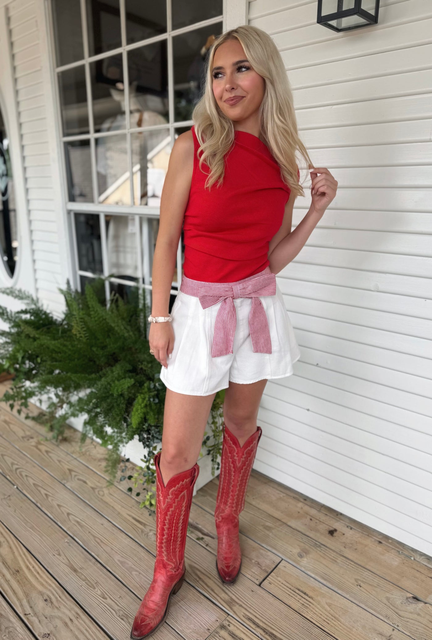 White Shorts Red Waist Band