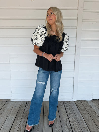 Black Ruffle Sleeve Top