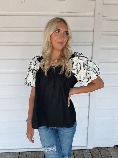 Black Ruffle Sleeve Top